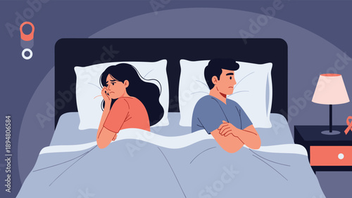 Unhappy man and woman sitting in bed with their backs to each other showing relationship conflict or communication problems at night.