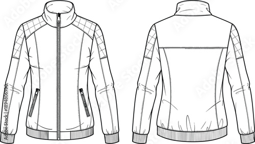 Men Quilted Jacket Technical Flat Illustration Front and Back View Zipper Outerwear Apparel Design with Ribbed Cuffs Isolated on White Background