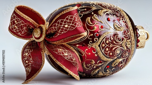Ruby Gold Embroidered Glass Christmas Ornament with Red Bow