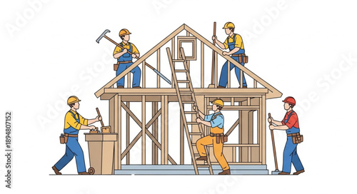 Construction workers building a house frame together on a sunny day.