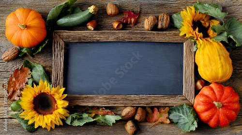 Autumn Harvest Frame: Rustic Wood, Pumpkins, and Sunflowers Display