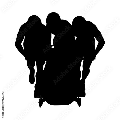 Silhouette vector illustration of bobsledders pushing a four-man bobsled