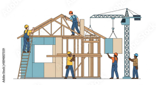 Construction workers building a house frame with a crane.