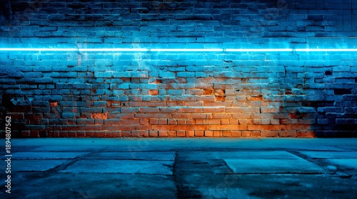 Neon Glow Brick Wall: Urban Night Photography with Blue Light