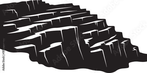 Black and white illustration of rocky cliffside landscape formation