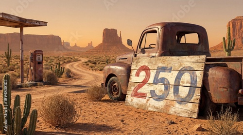 Wallpaper Mural Abandoned vintage gas station in the desert with a rusty truck and a wooden sign displaying number 250 against red rocks. Torontodigital.ca