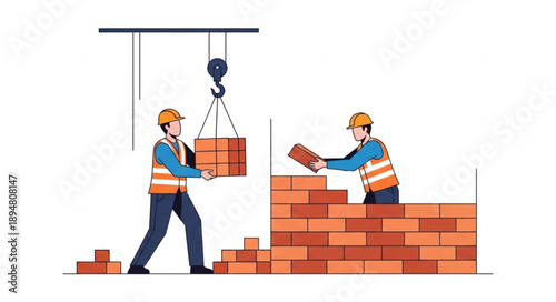 Construction workers building a brick wall with a crane lifting materials.