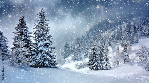 Winter Wonderland: Snow-Covered Pines in a Snowfall Landscape