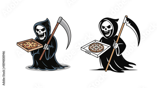 Grim Reaper holding pizza box with scythe death skeleton