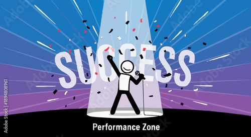 Stick Figure Achieves Success on Stage with Spotlight and Confetti.