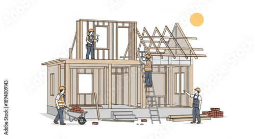 Construction workers building a house frame on a sunny day.