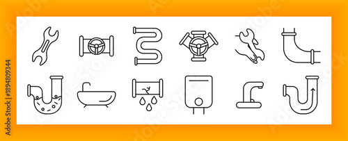 Pipework set icon. Wrench, valve, water flow, leak, elbow, bathtub, boiler, maintenance, plumber, system, liquid, bathroom, curve, repair, drainage, fixture