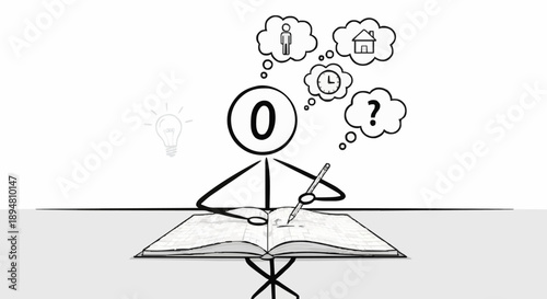 Stick figure character thinking and writing in a notebook.