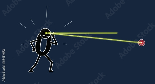 Stick figure aiming laser eyes at target.