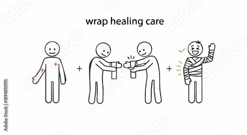 Stick Figure Applying Bandage to Injured Arm.