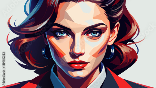 Very beautiful close-up portrait of a stylish American woman with bold modern makeup, defined features, glossy lips, and beautifully styled hair isolated on white background, expressing confidence and