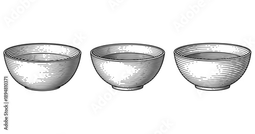 Three vintage style hand-drawn ceramic bowls in black and white design