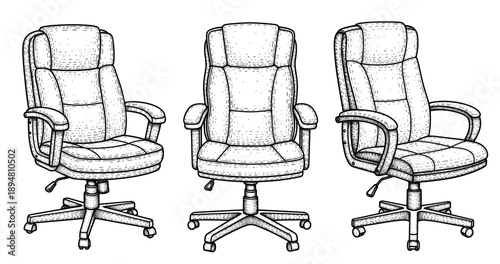 Detailed sketch of three office chairs with adjustable features