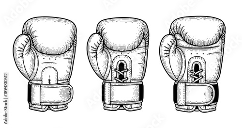 Three vintage boxing gloves illustration: classic retro sports gear artwork