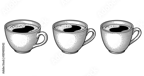 Vintage black and white coffee cups illustration with three cups
