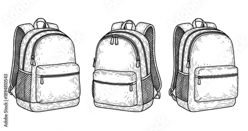 Monochrome sketch of three backpacks with front pockets and zippers