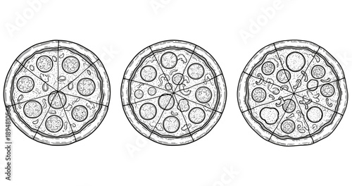Hand-drawn pizza illustrations: pepperoni, margherita, and vegetable toppings