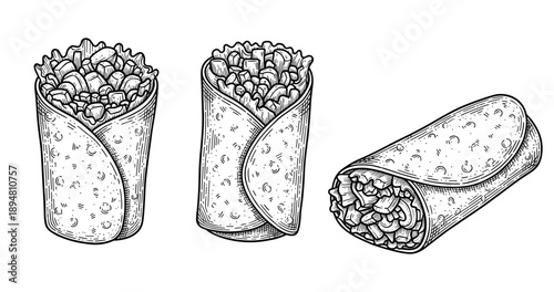 Three hand-drawn burritos filled with ingredients in black and white artwork