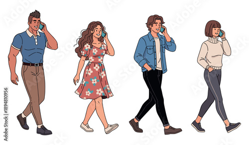 Diverse group of animated young adults talking on phones