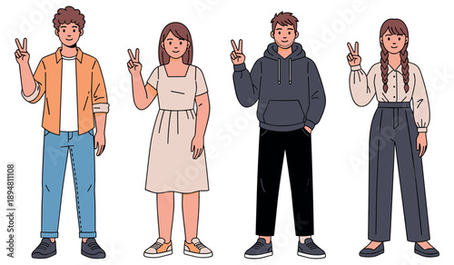 Diverse outfit styles on young adults showing peace signs