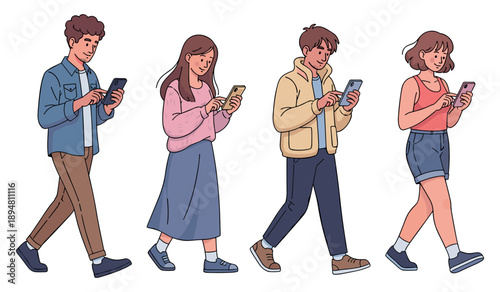 Group of young adults engaged with smartphones walking happily side by side