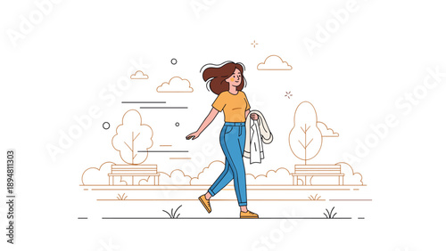 Young hispanic female walking in park with casual attire and jacket in hand