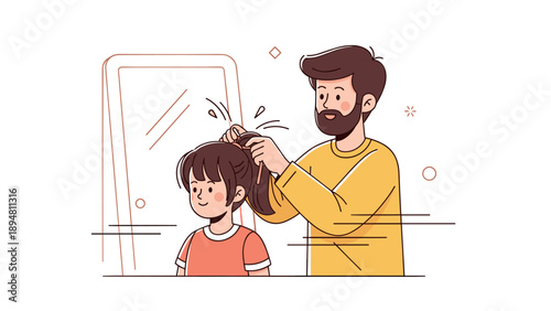 Asian male adult helping asian female child with hair styling at home