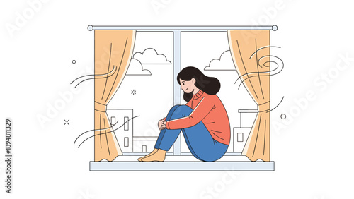 Young caucasian female sitting by window in pensive mood on a breezy day