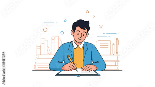 Male asian young adult writing in notebook with bookshelf background