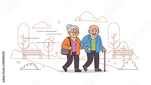 Elderly asian couple walking in park, enjoying leisure time together