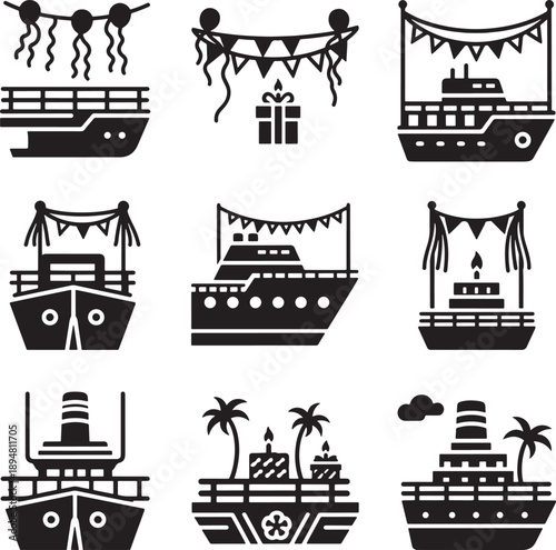 Cruise Ship Travel and Vacation Vector Set with Honeymoon and Holiday Icons