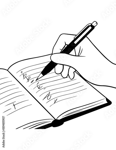 hand with pen and book, busy writing  poem.