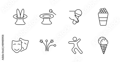 Entertainment set icon. Rabbit hat, magic wand, mic, popcorn, masks, fireworks, dancer, ice cream, show, performance, event, fun, stage, festival, joy.
