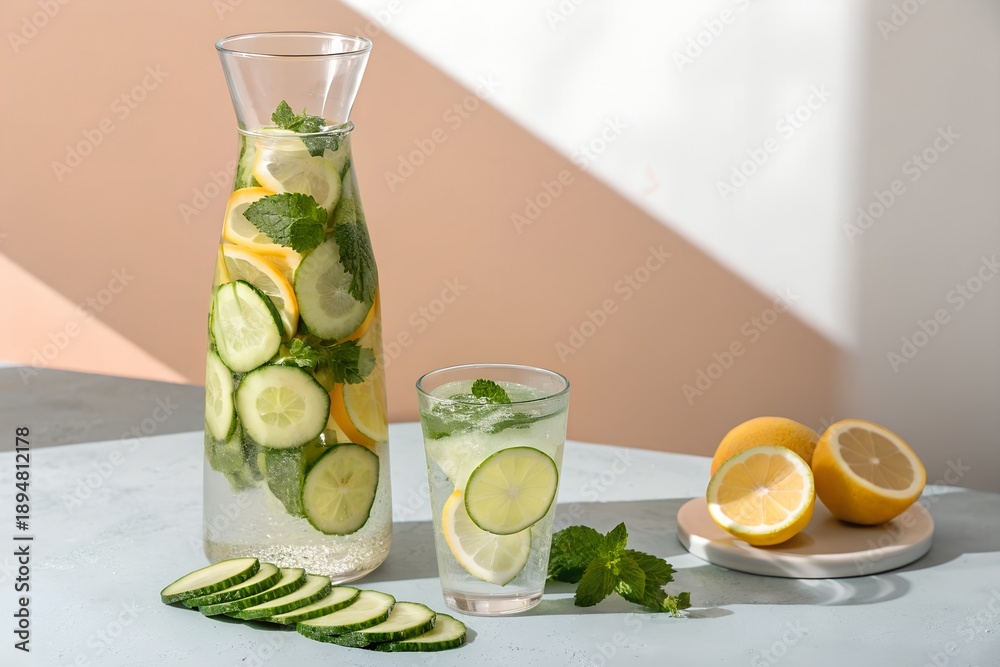 Fototapeta premium Refreshing Infused Water: A vibrant composition showcasing a clear glass pitcher and a tumbler filled with invigorating infused water, accompanied by fresh citrus slices, cucumber, and mint leaves.