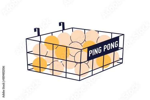Many ping pong balls, heap in basket on rack. Table tennis equipment, gears, tools in container for pingpong game. Sport accessory. Flat vector illustration isolated on white background