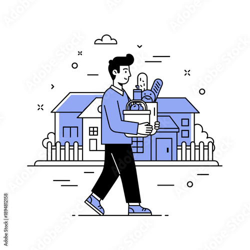 Young asian adult male walking with groceries in suburban neighborhood