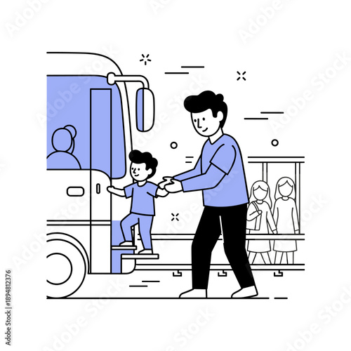 Father helping son board school bus with friends in background