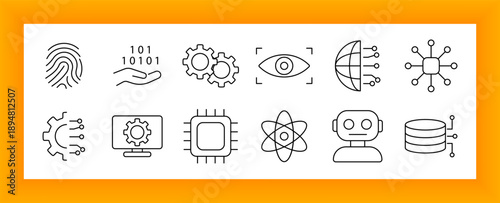 Artificial intelligence set icon. Fingerprint, binary code, gears, eye scan, globe, nodes, microchip, atom, robot, and database icons in technology, automation, and computing contexts.
