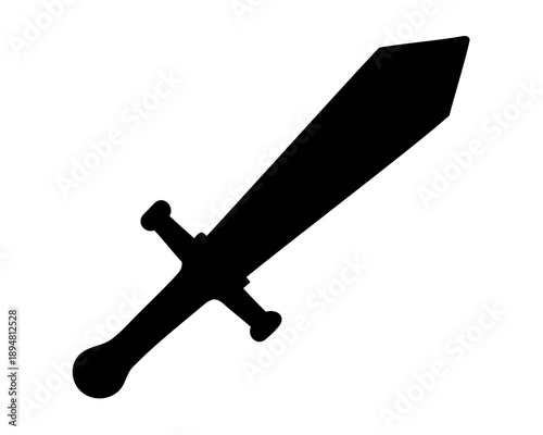 Simple black silhouette of a fantasy broadsword on a white background