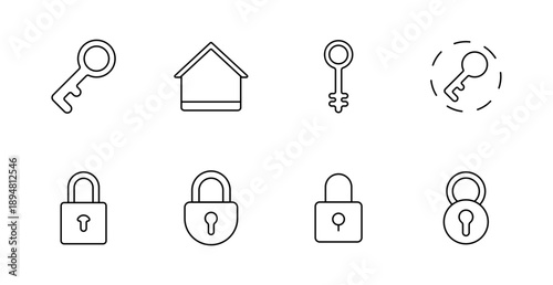 Security set icon. Key, house, padlock, unlock, symbol, safe, guard, protection, metal, privacy, access, object, entry, control