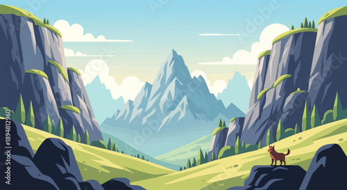 A solitary canine stands atop a rocky outcrop in a valley