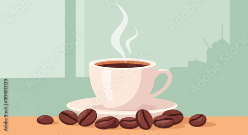 A steaming cup of coffee sits next to roasted beans on a wooden surface