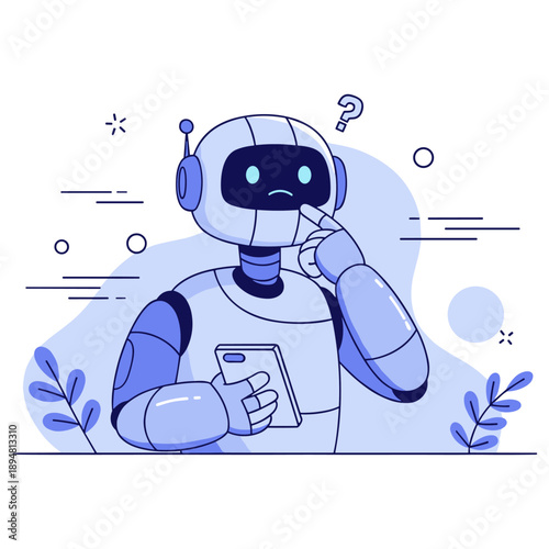 Confused robot holding smartphone in blue tones with question mark
