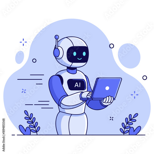Friendly ai robot with laptop in hand illustrating technology concept