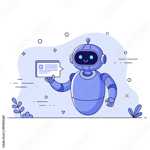 Friendly blue ai robot holding speech bubble in futuristic design